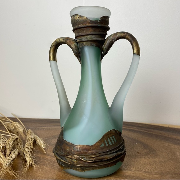 Vintage Romanian Frosted Hand Blown Art Glass Vase Trailed Bronze Overlay 90’s
